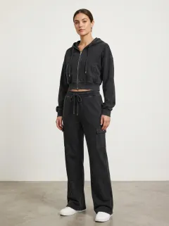 Women's Modern Washed Cargo Detail Vintage Inspired Cropped Hooded Jacket and Flare Pants Active Set