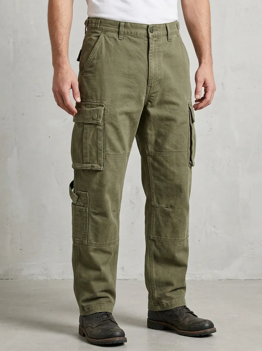 Men's Olive Green Multi-Pocket Tactical Reinforced Knee Cargo Pants