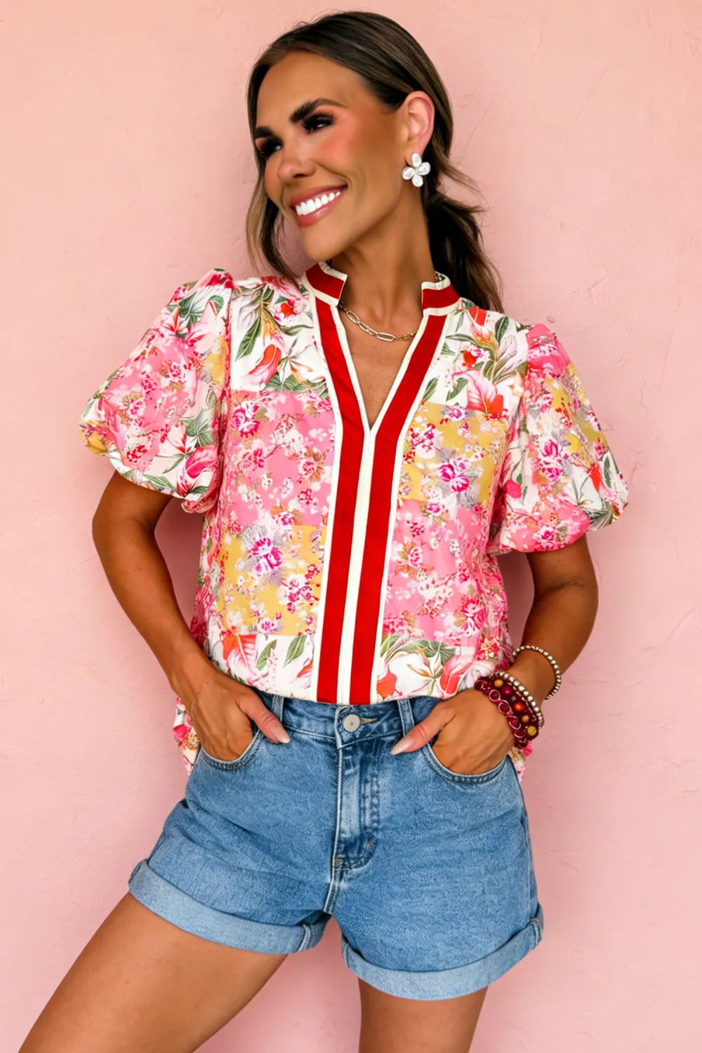 Pink Contrast Collared V Neck Blouse
