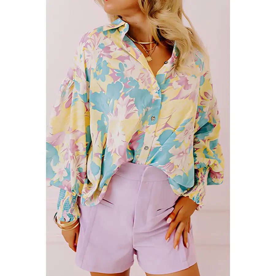Printed Button Down Lantern Sleeve Shirt