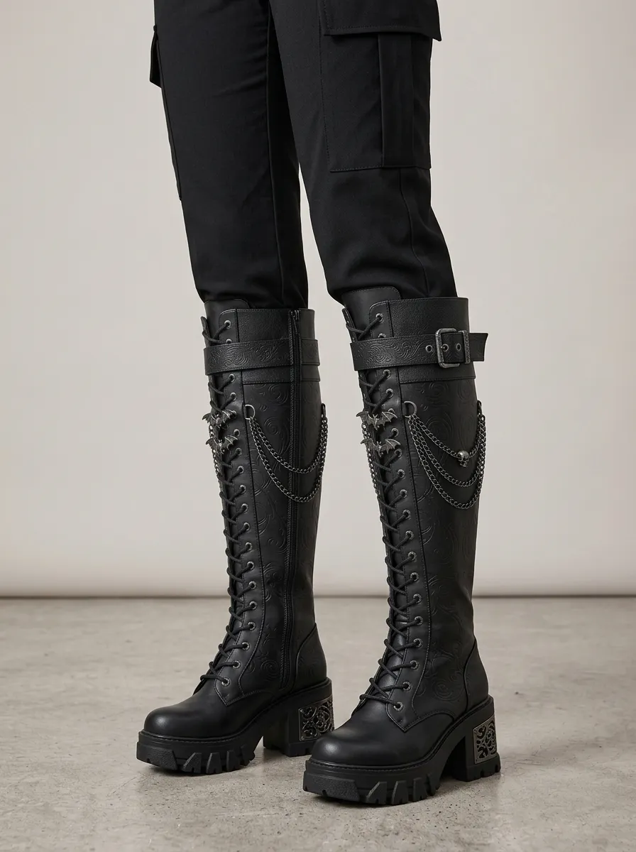 Gothic Revival Skull Bat Chain Finish Women's Gothic Platform Boots