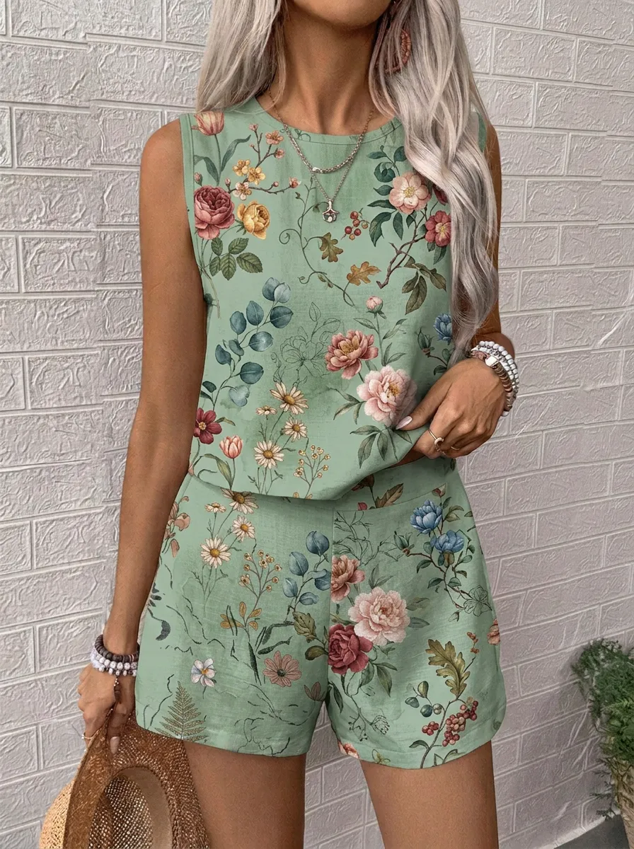 Women's Botanical Garden Floral Printed Sleeveless Shorts Set