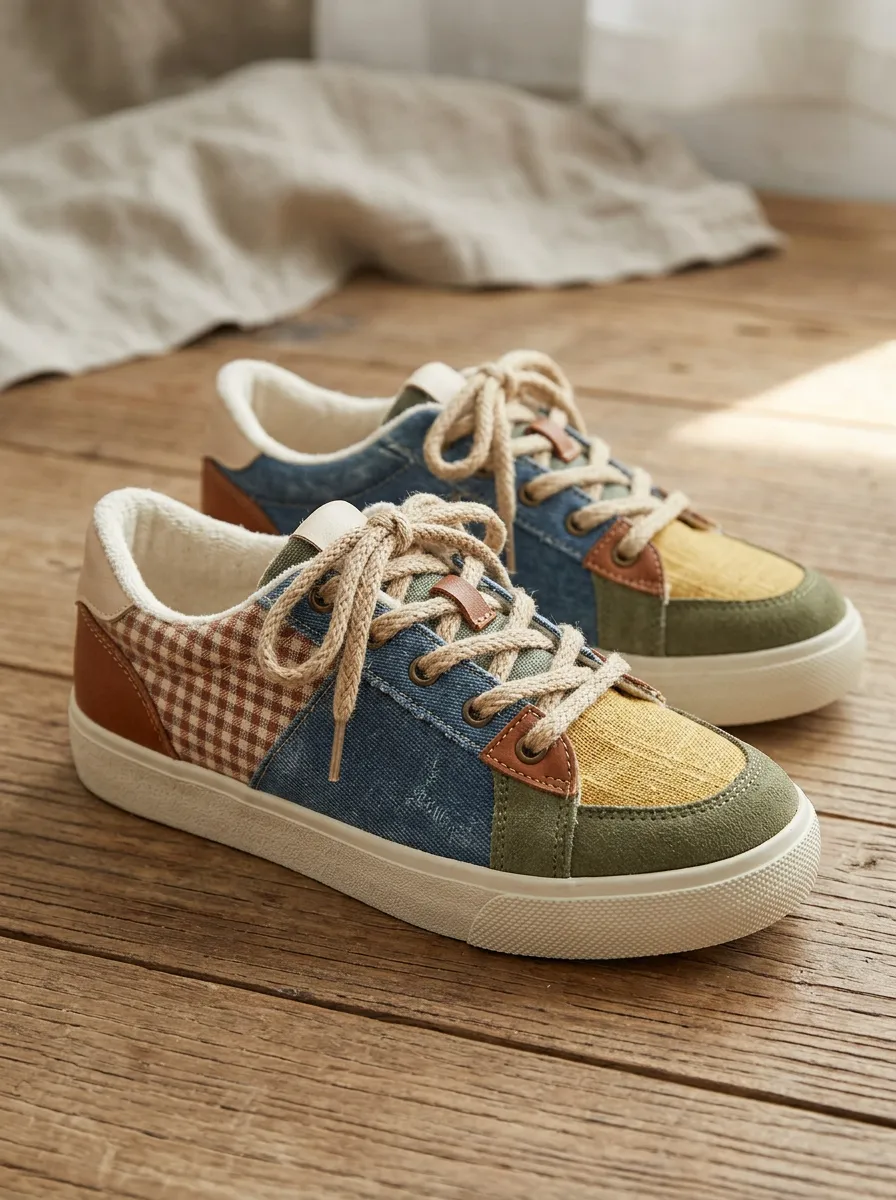 Women's Vintage Patchwork Gingham Printed Canvas Sneakers