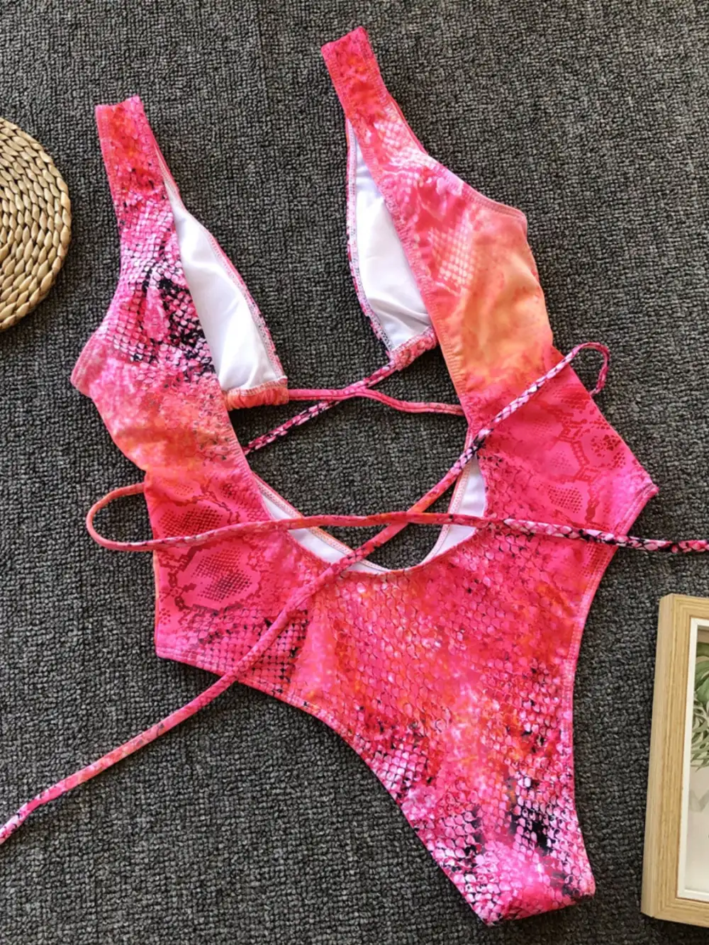 Lace Up Backless Plunge One Piece Swimsuit