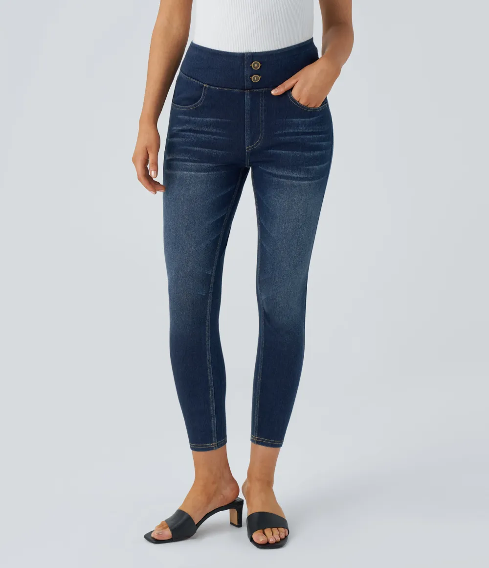 Magic Curvy High Waisted Decorative Button Multiple Pockets Washed Stretchy Knit Casual 7/8 Jeans