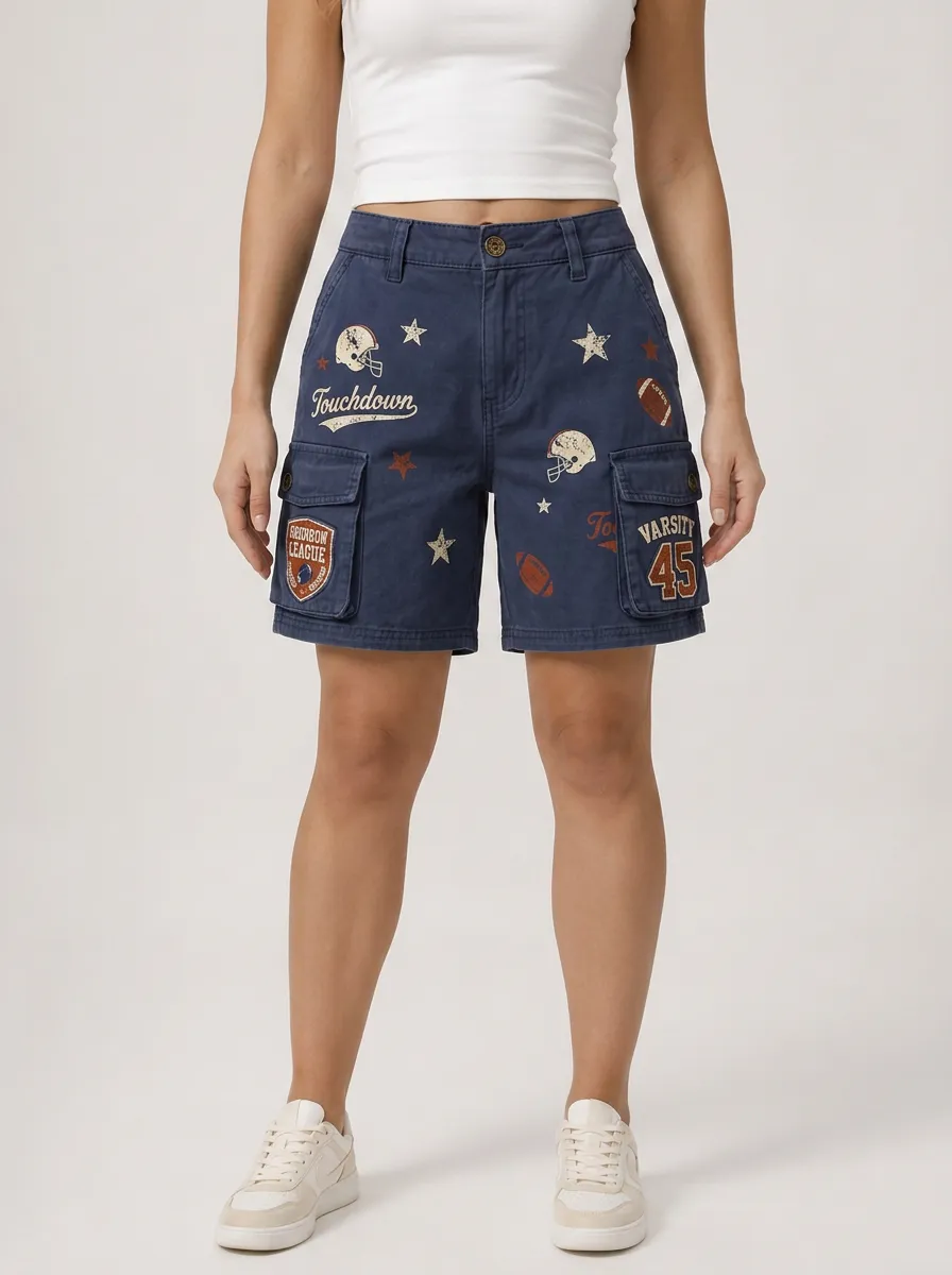Women's Football Lover Varsity Touchdown Printed Cargo Shorts