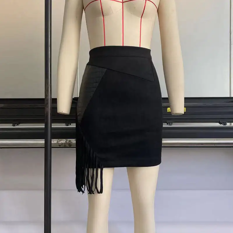 Fringed High Waist Suede Skirt