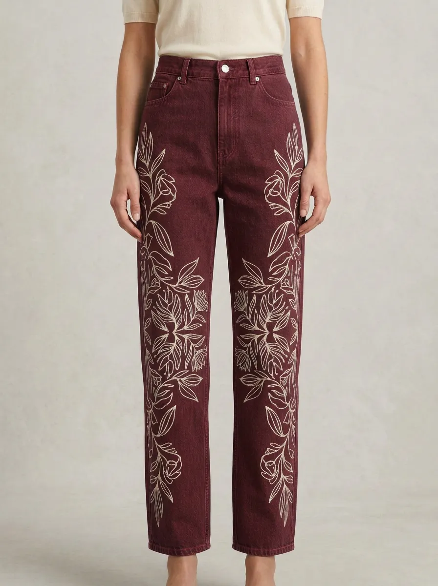 Women's Floral Botanical Line Art Printed Mid-Rise Straight Leg Jeans