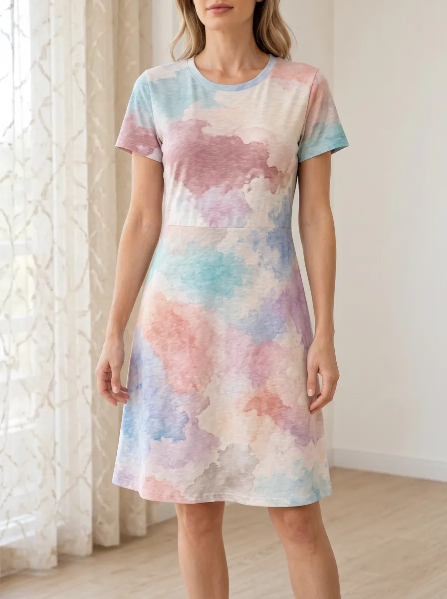 Women's Short Sleeve Watercolor Print Crew Neck Dress