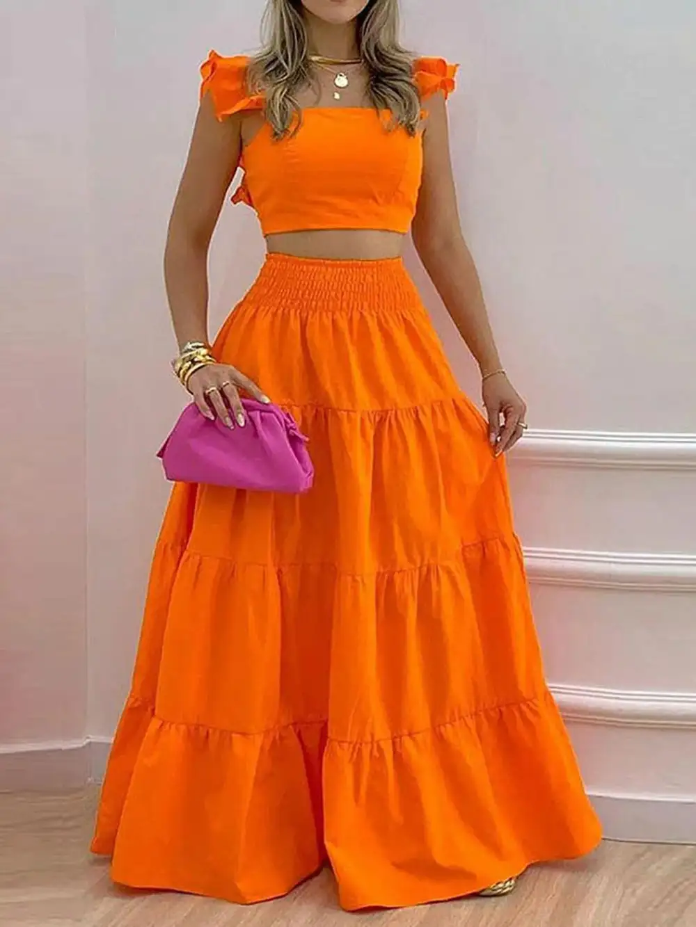Women's Solid Color / Floral Print Shirred Top & Long Skirt Two-piece Set, Boho Fashion Casual Top & Skirt for Daily Holiday Vacation Wear, Ladies for Summer