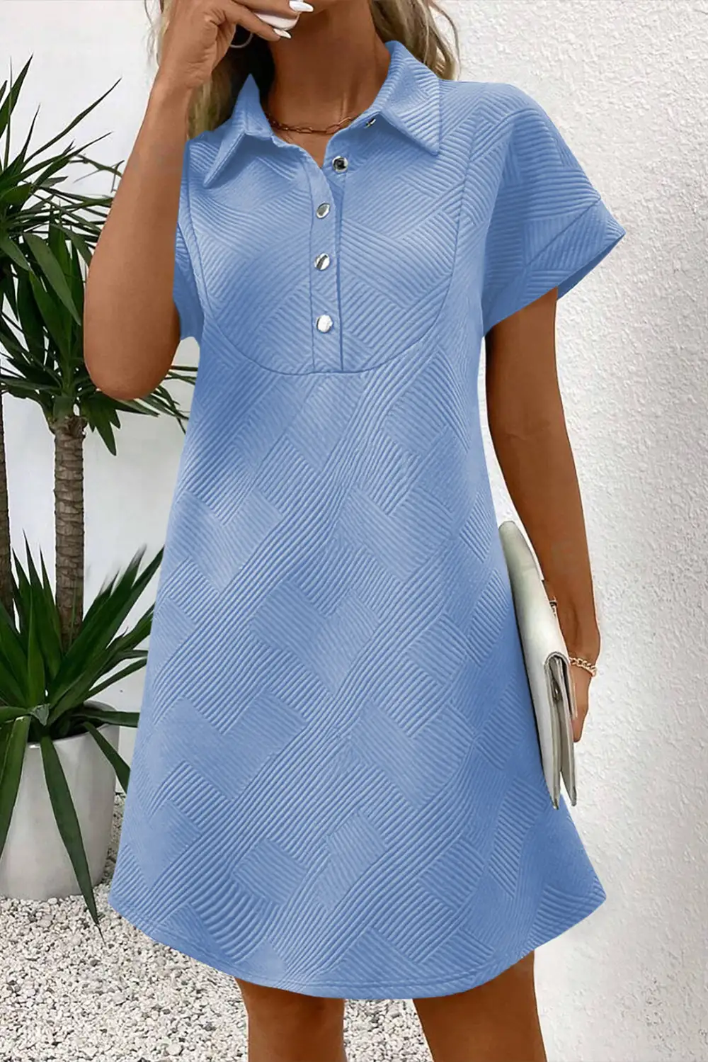Solid Textured Short Sleeve A-Line Mini Dress