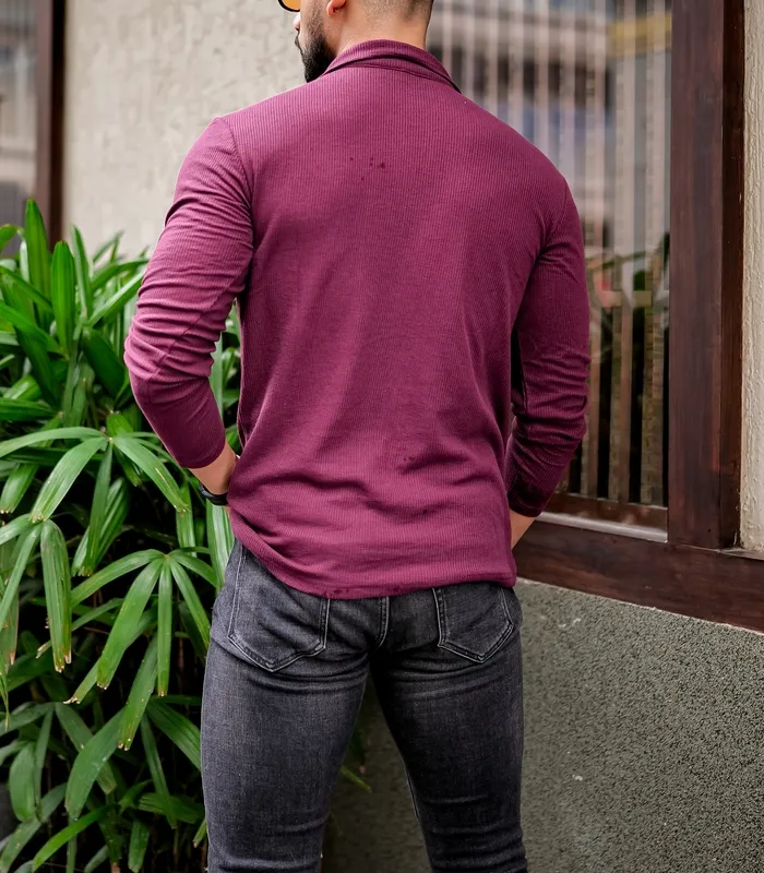 Maroon V-Neck Henley Style Casual Shirt