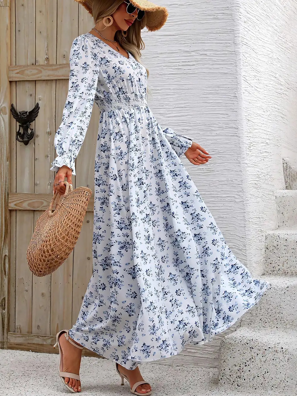 Boho Floral V-Neck Long-Sleeve Smocked Waist Swing Maxi Casual Dress