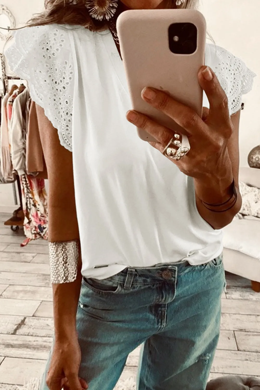 White Eyelet Embroidered Flutter Sleeve Tee