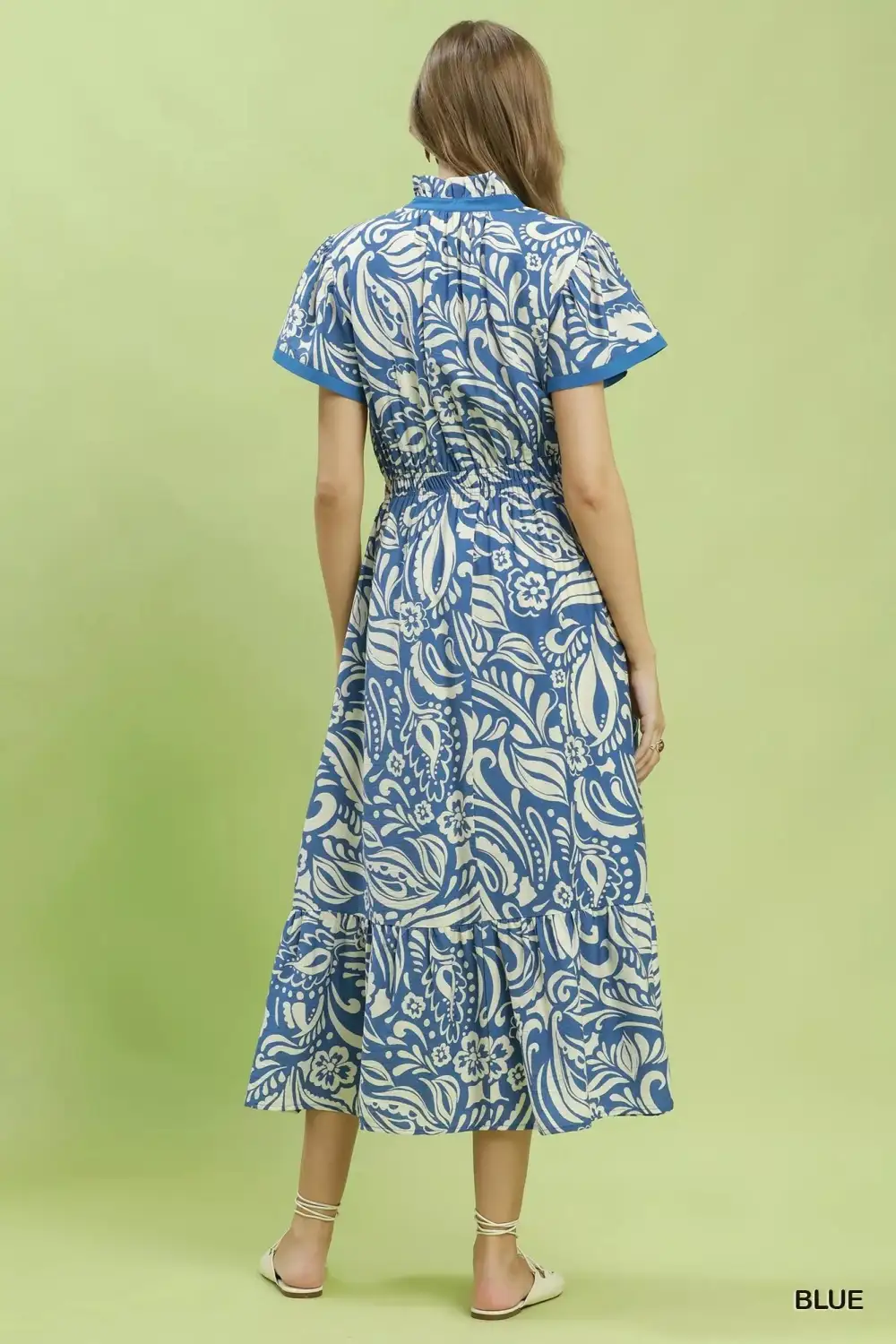 Paisley Print V-Neck Flutter Sleeve Ruffle Hem Midi Dress