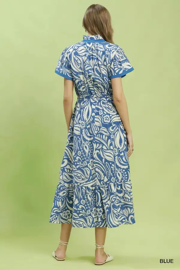 Paisley Print V-Neck Flutter Sleeve Ruffle Hem Midi Dress
