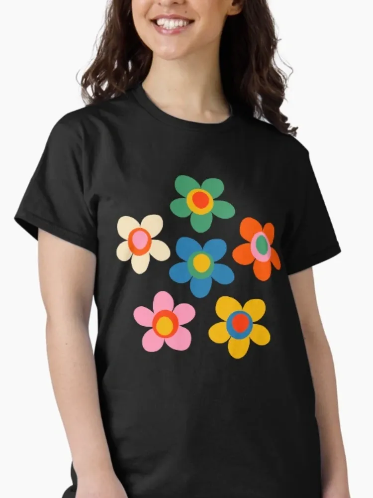 Lady's colorful small flower crew-neck short-sleeved T-shirt
