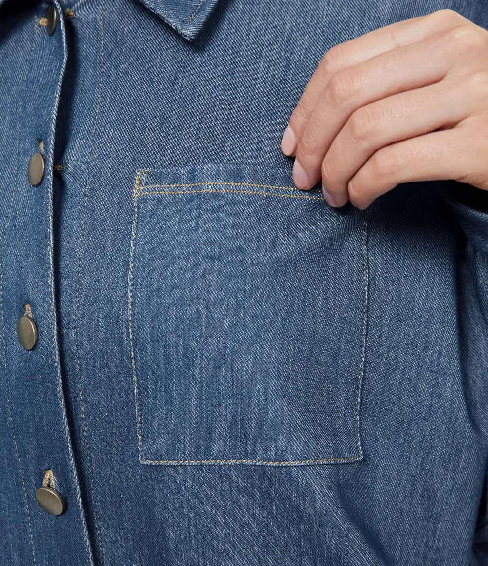 Magic Collared Multiple Pockets Button Front Split Curved Hem Stretchy Knit Denim Work Oversize Jacket