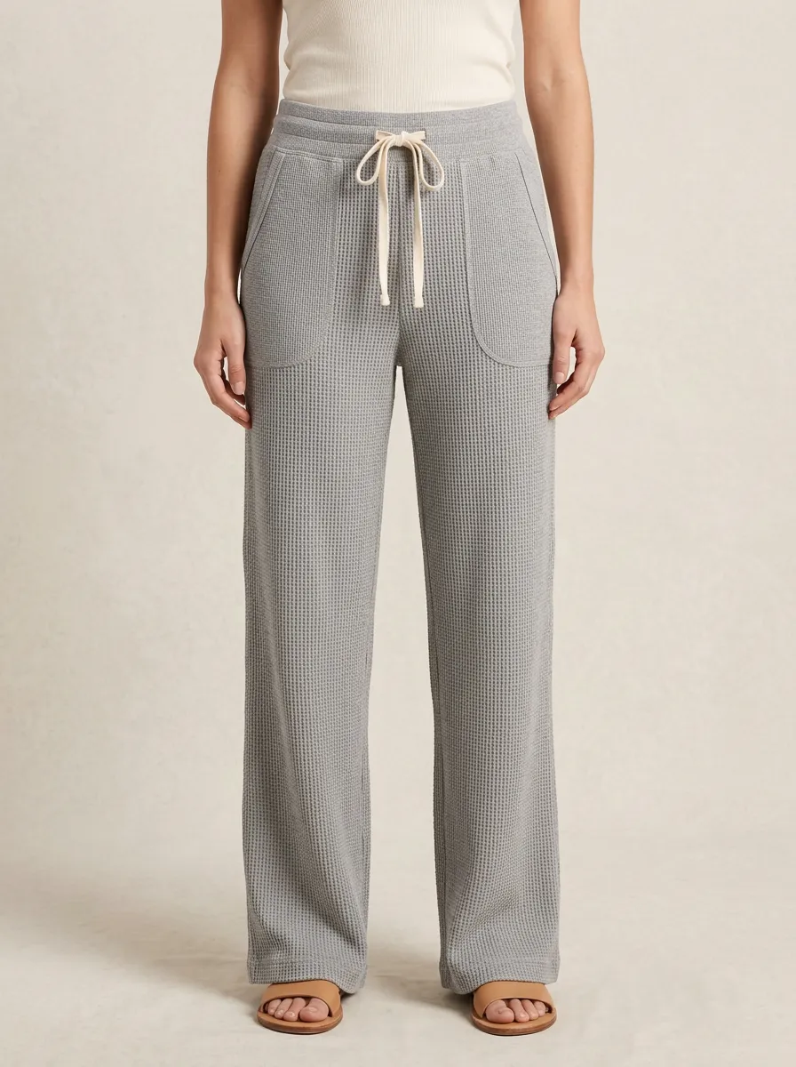Women's Casual Lounge Waffle Knit Drawstring Wide Leg Pants