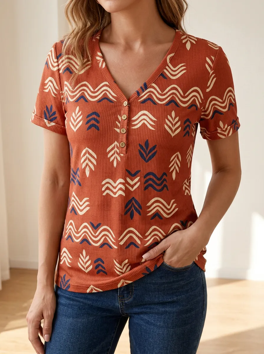 Women's Boho Geometric Leaf Printed Ribbed Henley Top