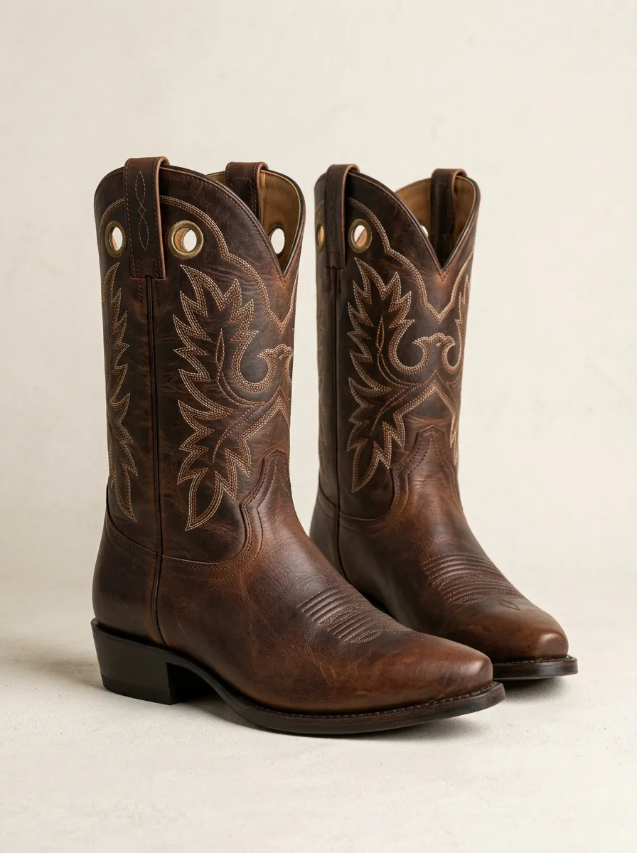 Men's Western Cowboy Eagle Stitched Leather Printed Boots