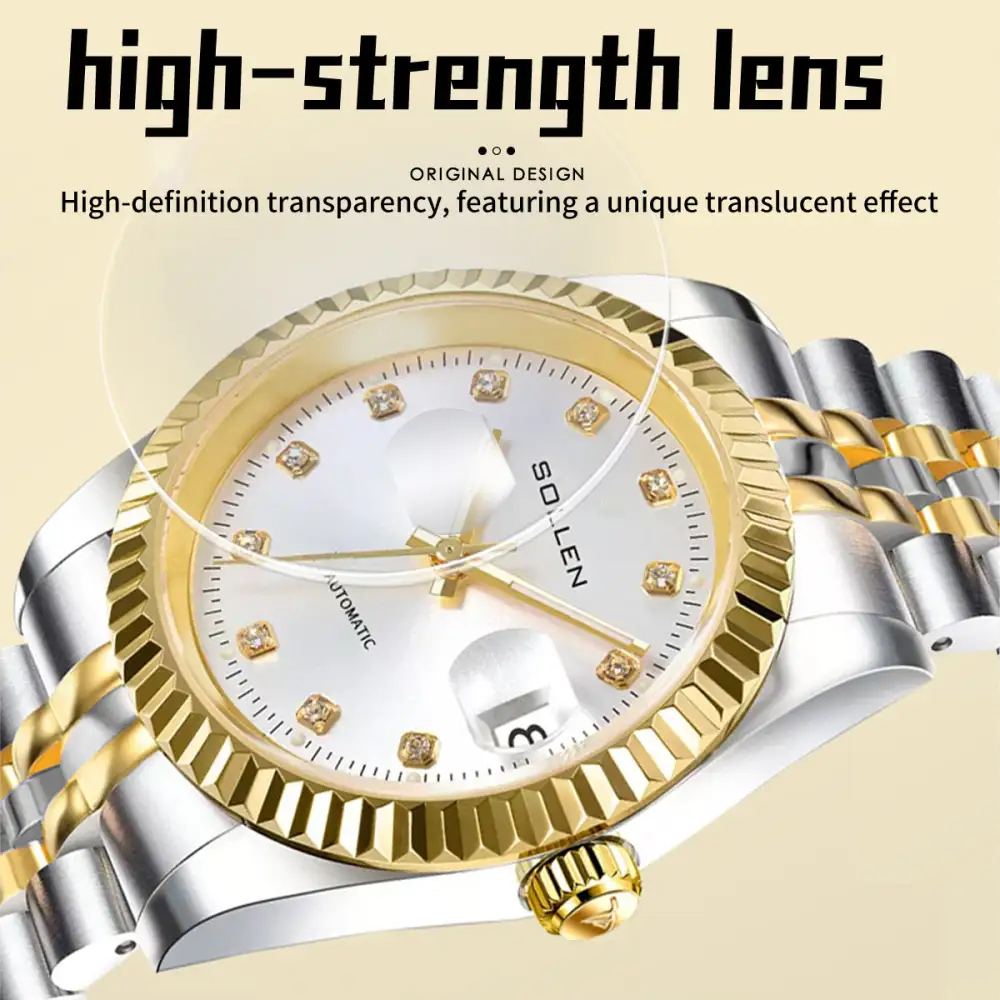 Sollen 9061 Automatic Watch - Men's Classic 36mm Fluted Bezel Cyclops Date 5-Bead Stainless Steel Bracelet Wristwatch