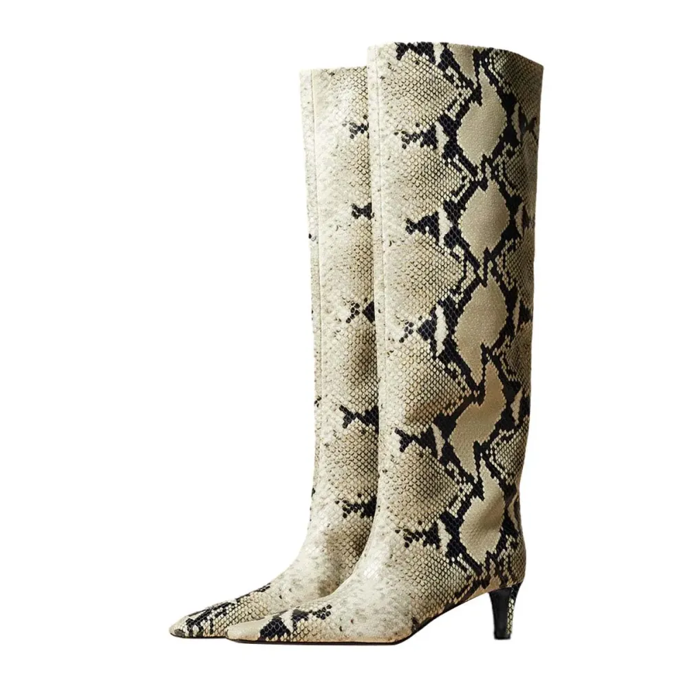 Faux-Leather Square-Toe Kitten-Heel Platform Knee-High Boots