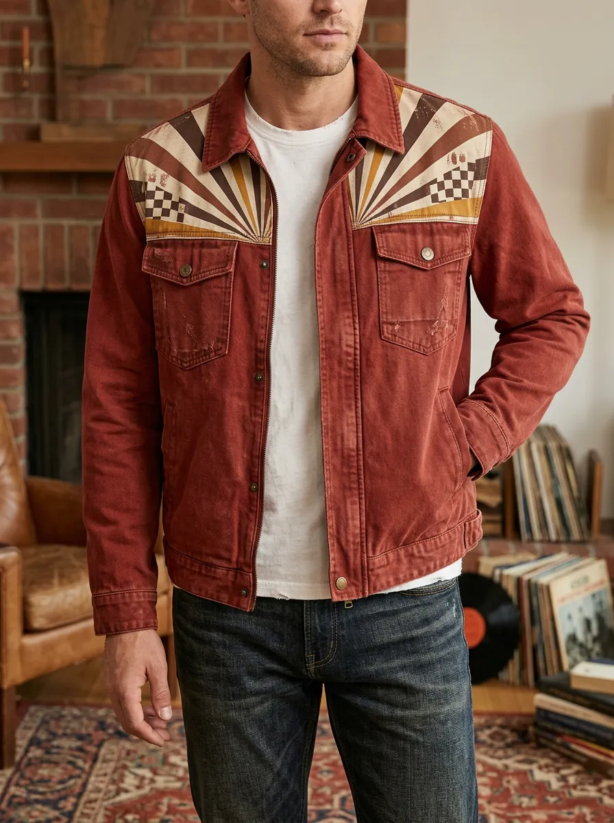 Men's Vintage Retro Sunburst Checkerboard Printed Jacket