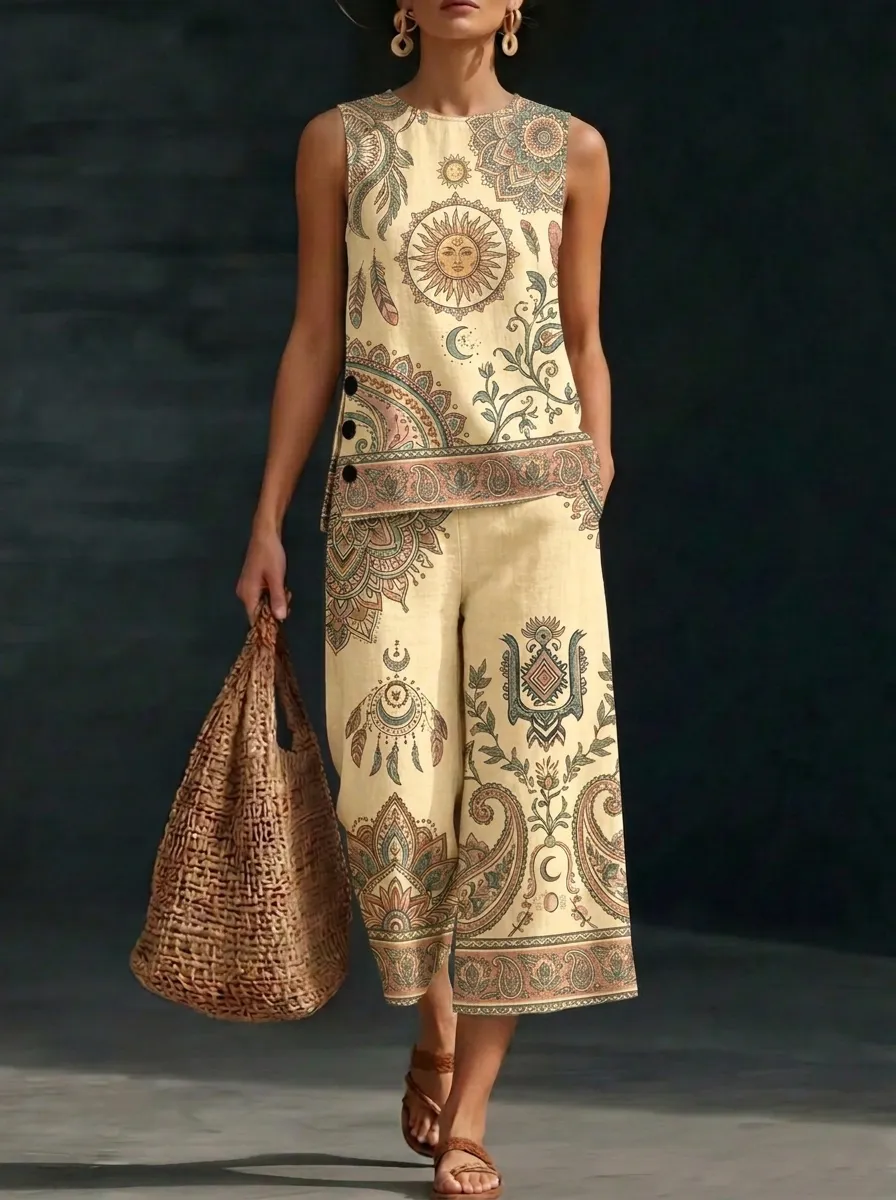 Women's Boho Sun Moon Paisley Printed Sleeveless Set