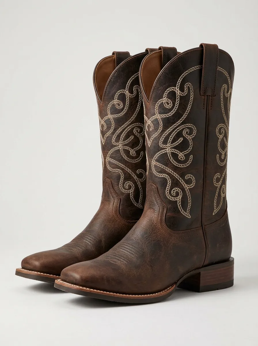 Unisex Ranchwear Embroidered Leather-Look Finish Western Cowboy Boots