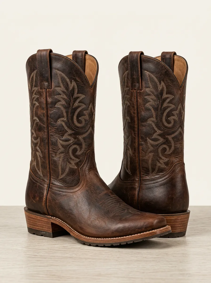 Country Road Embroidered Distressed Motif Unisex Western Cowboy Boots