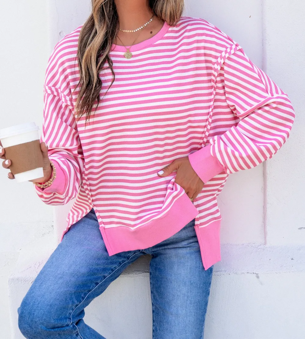 Striped Split Hem Stretch Fabric Long Sleeve Top