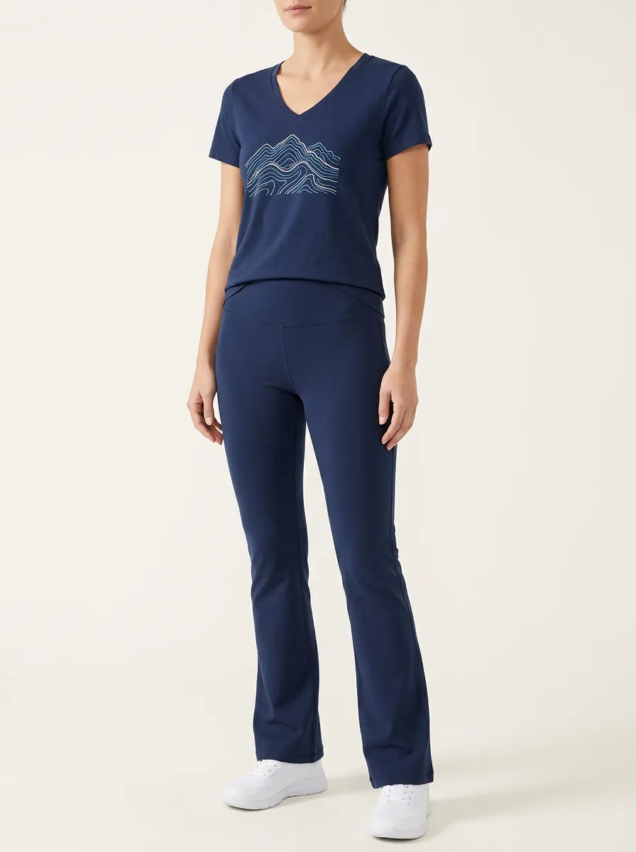 Women's Mountain Line-Art Graphic V-Neck T-Shirt and Flare Leggings Set