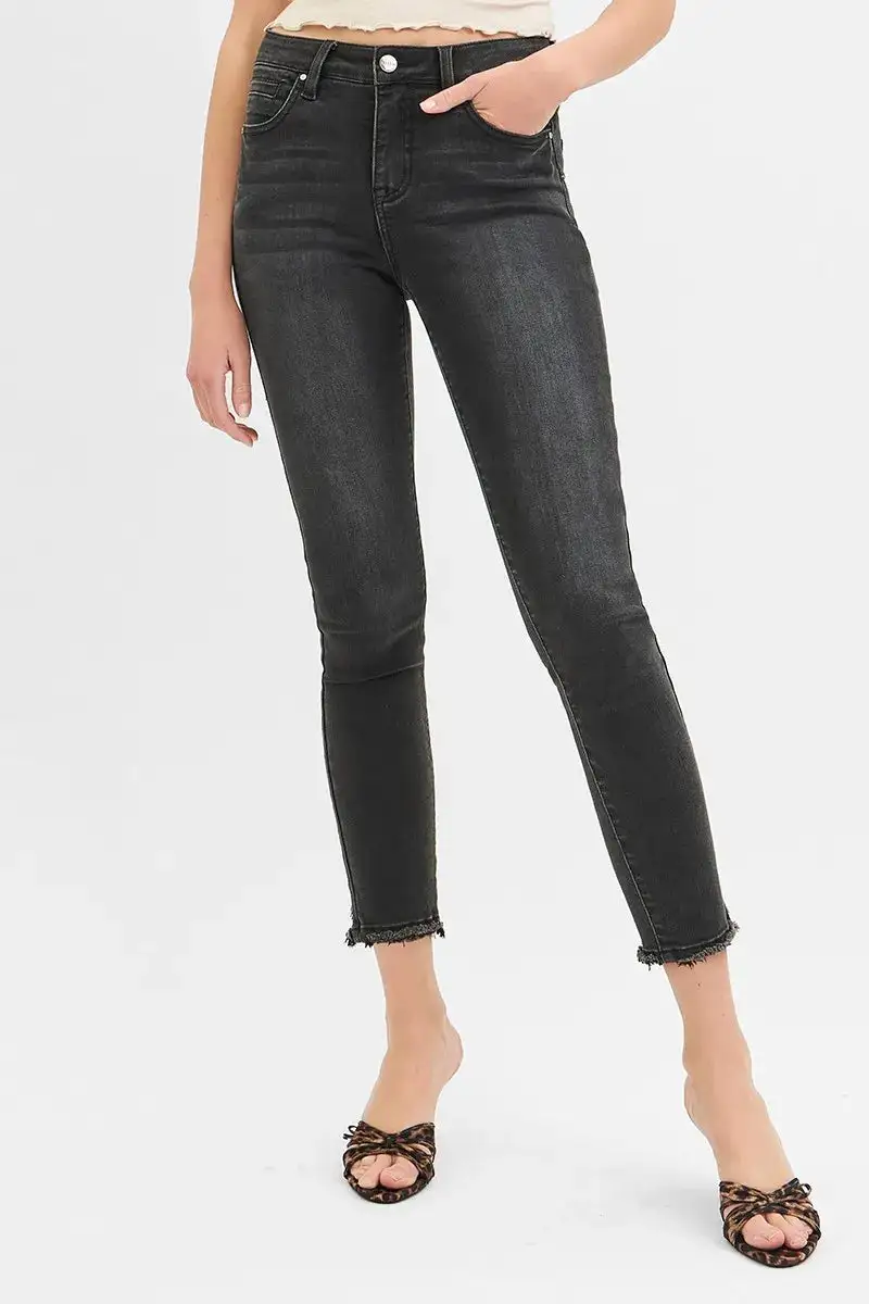 Mid Rise Raw Hem Skinny Jeans