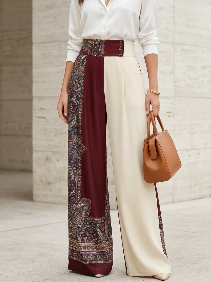 Women's Boho Paisley Colorblock Patterned High-Waist Wide-Leg Pants
