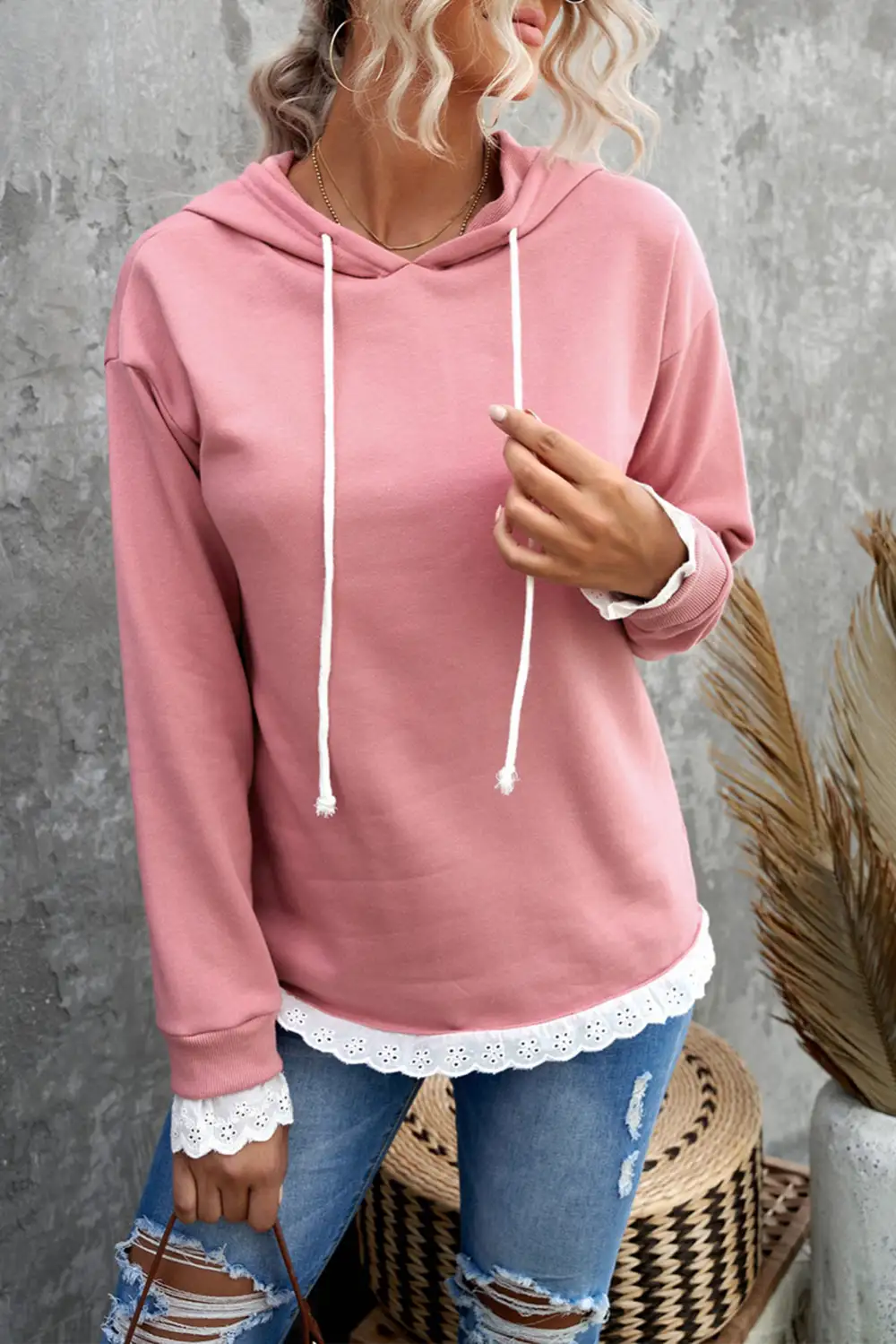 Plain Lace Trims Hoodie