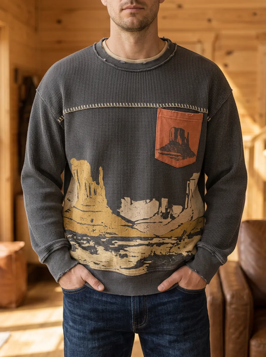 Men's Western Landscape Desert Printed Waffle Knit Sweatshirt