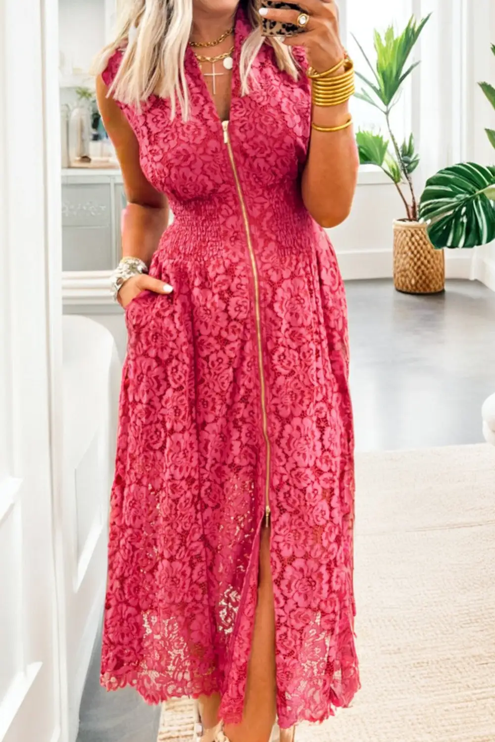 Floral Lace Zip Front Neck Casual Dress