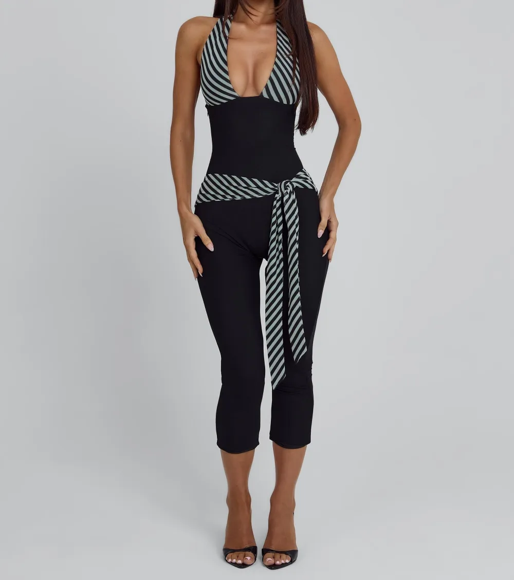 Black Stripe Halter Capri Jumpsuit
