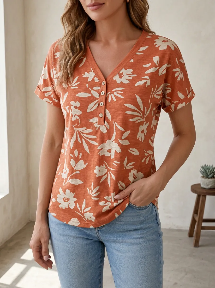 Women's Heritage Floral Pattern Rust Printed Button V-Neck T-Shirt