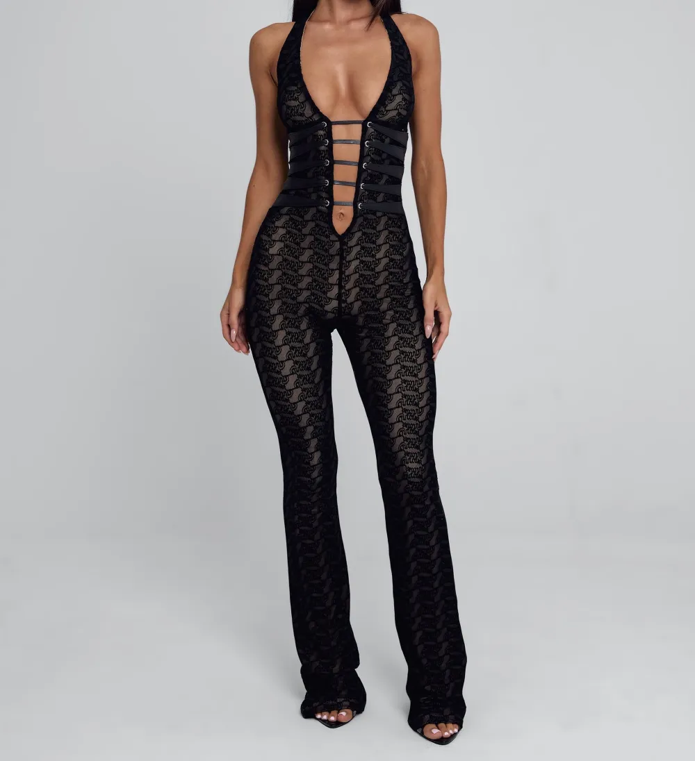 Black Burnout Mesh Halter Jumpsuit