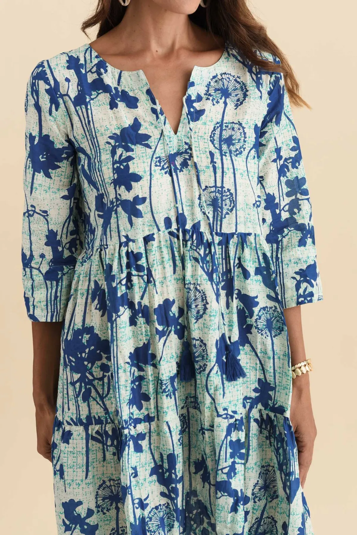 Round-Neck Floral Knee-Length Tiered Cotton Three-Quarter-Sleeve A-Line Dress