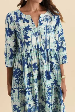 Round-Neck Floral Knee-Length Tiered Cotton Three-Quarter-Sleeve A-Line Dress