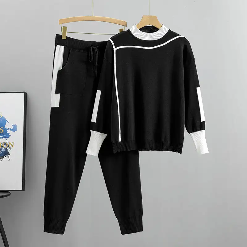 Colorblock casual knitted two-piece set