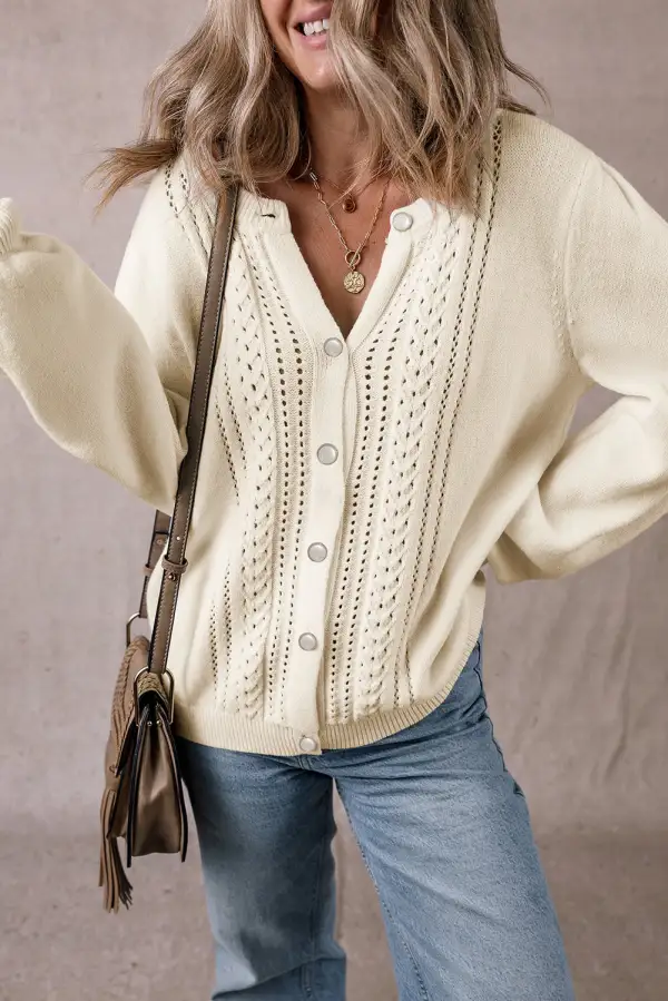 Pleated Sleeve Openwork Detail Button Cardigan