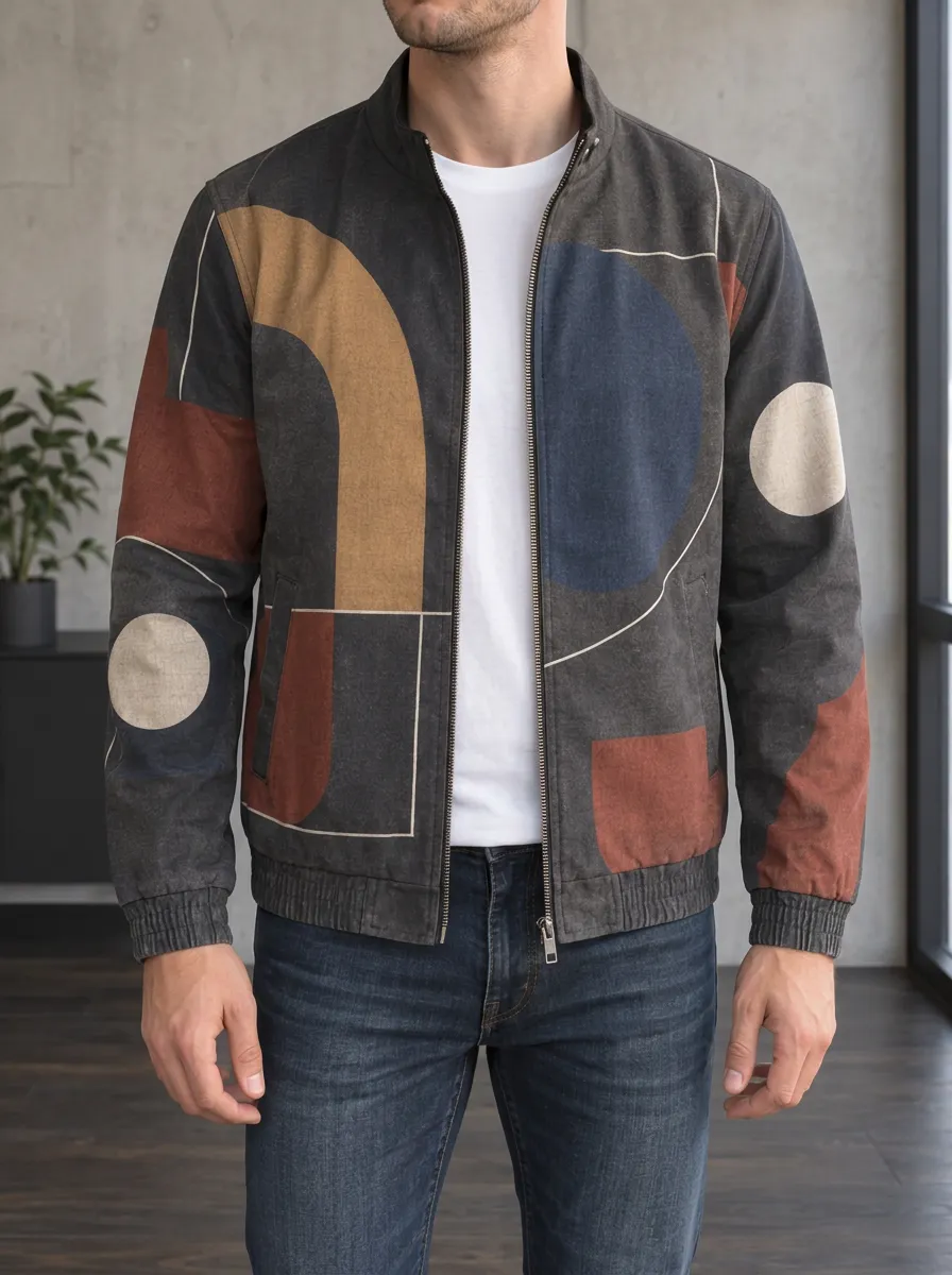 Men's Abstract Geometric Rugged Horizon Bomber Jacket