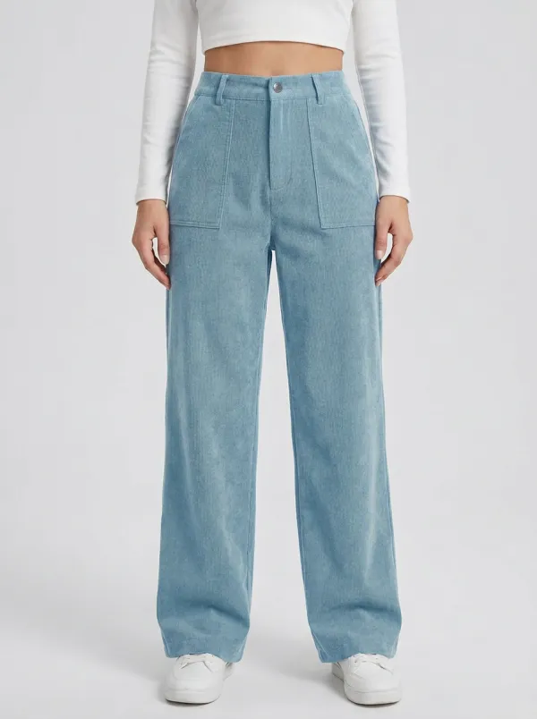 Women's Minimalist High-Rise Patch-Pocket Wide-Leg Corduroy Pants