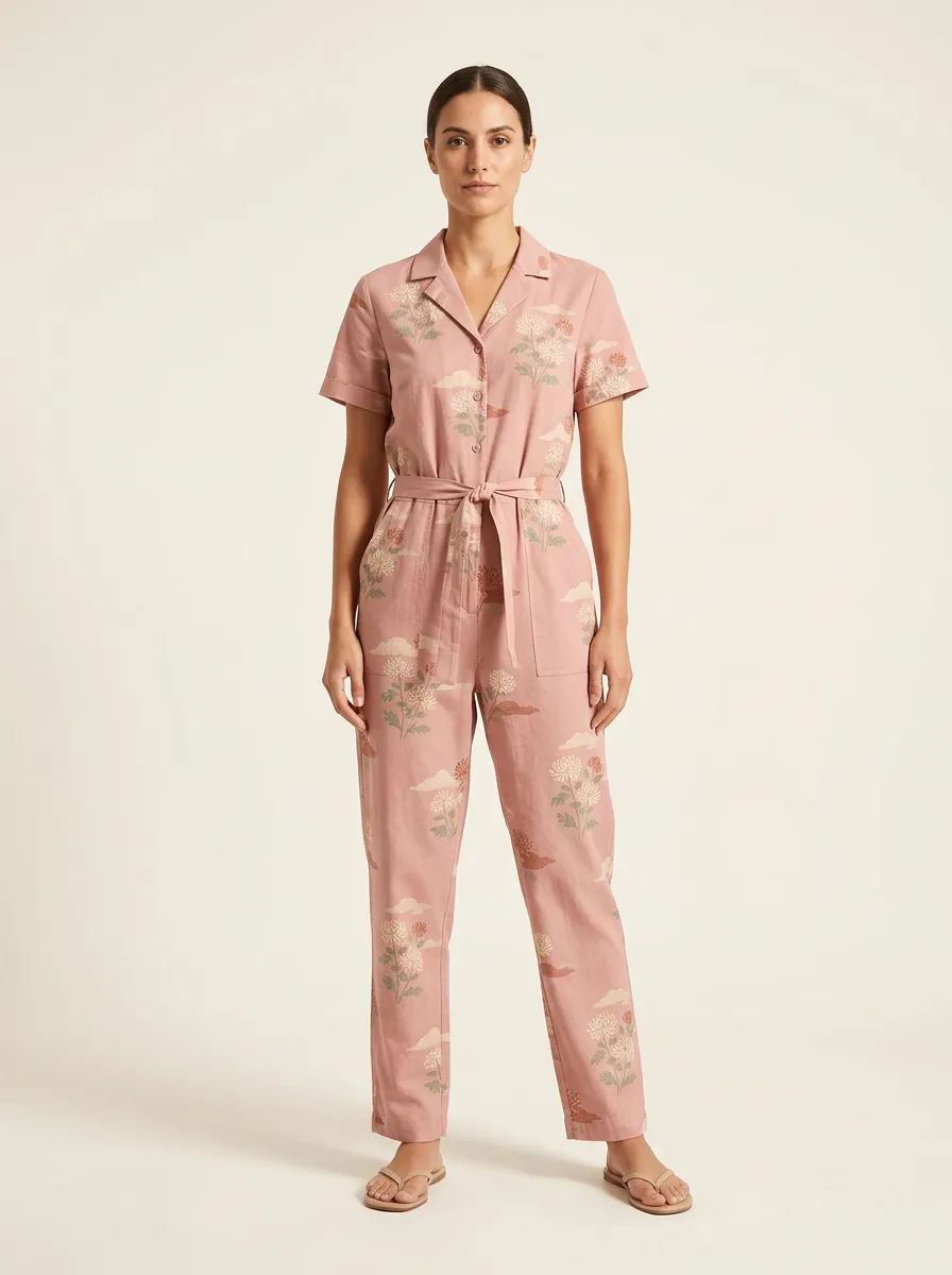 Women's Graphic-Print Floral-Motif Short-Sleeve Jumpsuit