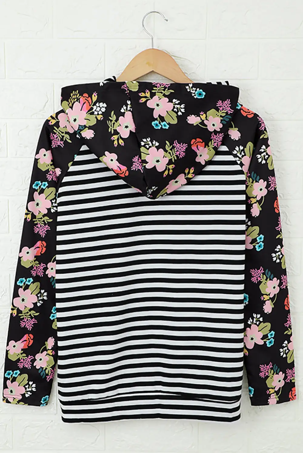 Striped Floral Print Long Sleeve Zipper Hoodie