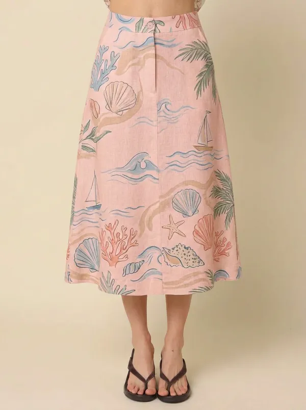 Women's Beach Lover Seashell Palm Tree Printed Midi Skirt